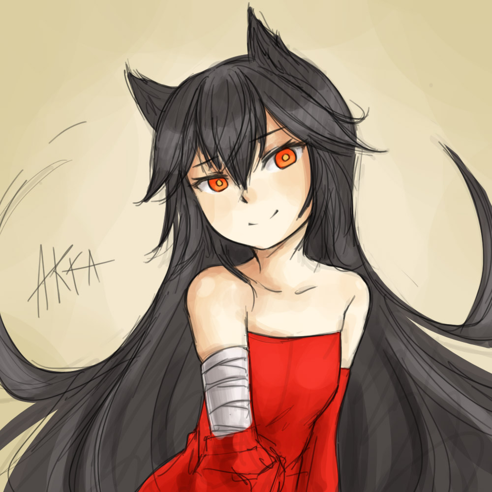 akka_(oniro) animal_ears bandage bandages bare_shoulders black_hair cat_ears claw_(weapon) flat_chest gloves long_hair minidress oniro original pas_(paxiti) red_eyes red_gloves single_elbow_glove single_glove smile solo very_long_hair
