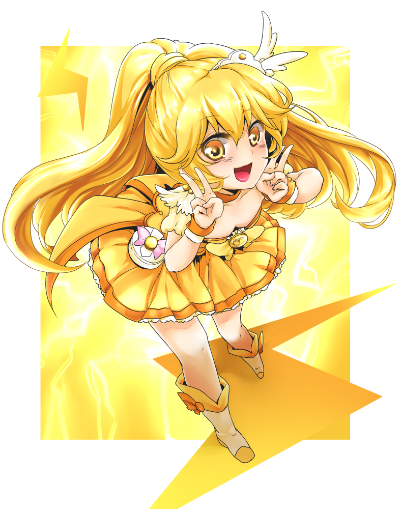 blonde_hair boots choker cure_peace double_v dress flat_chest hair_ornament hairpin kise_yayoi long_hair magical_girl precure rim_(kingyoorigin) skirt smile smile_precure! v yellow yellow_background yellow_dress yellow_eyes