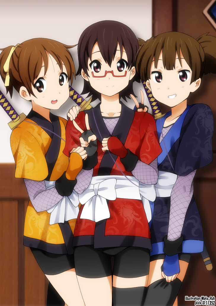 3girls bike_shorts black_bike_shorts black_legwear brown_eyes brown_hair glasses grin hair_ribbon hand_on_shoulder hirasawa_ui japanese_clothes k-on! k-on!_movie kunoichi manabe_nodoka multiple_girls ninja obi open_mouth ponytail ribbon semi-rimless_glasses short_hair short_twintails single_thighhigh smile suzuki_jun sword thigh-highs thighhighs twintails under-rim_glasses v weapon yamasaki_wataru