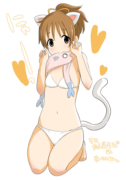 animal_ears bangs barefoot bikini blush brown_eyes brown_hair cat_ears cat_tail deden feet flat_chest hair_ribbon heart hirasawa_ui k-on! kneeling looking_at_viewer mouth_hold navel paw_pose ponytail ribbon scarf short_hair simple_background solo swimsuit tail translation_request white_background white_bikini