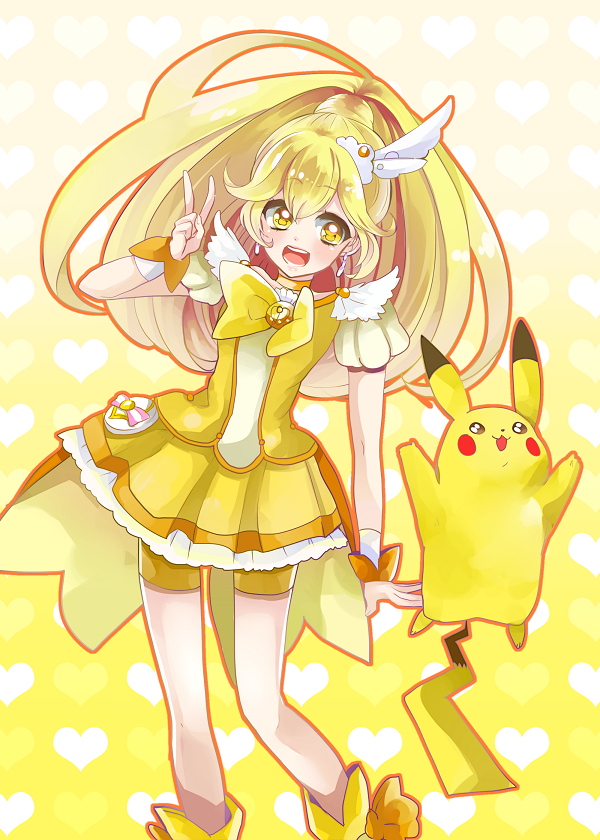 1girl bad_id bike_shorts blonde_hair boots bowtie choker color_connection creature crossover cure_peace dress gradient gradient_background heart heart_background kise_yayoi long_hair magical_girl ootani_ikue pikachu pokemon pokemon_(creature) power_connection precure seiyuu_connection shorts_under_skirt sio_azuki skirt smile_precure! v wrist_cuffs yellow yellow_background yellow_dress yellow_eyes