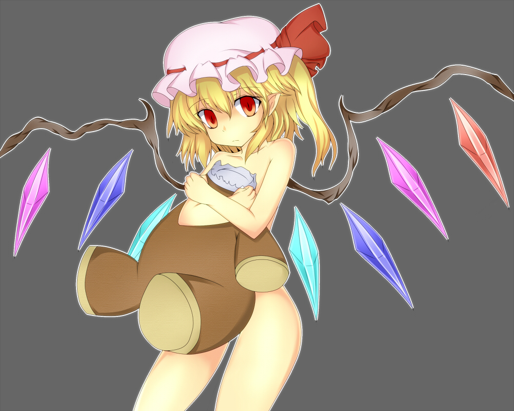blonde_hair crossed_arms decapitated doll_hug flandre_scarlet grey_background hat hat_ribbon nude pointy_ears red_eyes ribbon side_ponytail simple_background solo stuffed_animal stuffed_toy taka1234 taka_(taka1234) teddy_bear the_embodiment_of_scarlet_devil touhou wings