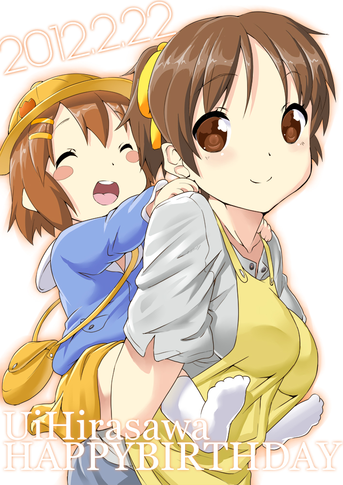 apron bag blush_stickers brown_eyes brown_hair closed_eyes ekakibito eyes_closed happy_birthday hat hirasawa_ui hirasawa_yui k-on! kindergarten piggy_back piggyback ponytail purse short_hair siblings sister sisters time_paradox young