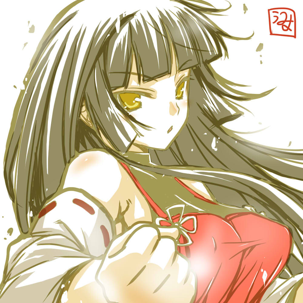 bare_shoulders black_hair breasts clenched_fist clenched_hand detached_sleeves fighting_stance halterneck hime_cut japanese_clothes large_breasts long_hair m.u.g.e.n miko nontraditional_miko original portrait sendai_hakurei_no_miko skin_tight solo touhou umyonge_(lkakeu) yellow_eyes