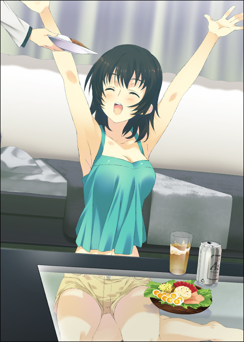 \o/ armpits arms_up bare_shoulders bed beer black_hair blush breasts can chiaki_izumi cleavage closed_eyes cup eyes_closed food happy izumi_chiaki midriff mizuki_makoto open_mouth outstretched_arms pillow plate short_hair shorts sitting table tank_top tnk_top white_album_2