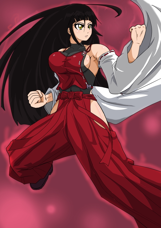 ahoge bare_hips bare_shoulders black_hair breasts clenched_fist clenched_hands detached_sleeves fighting_stance hakama halterneck hime_cut japanese_clothes long_hair m.u.g.e.n no_bra nontraditional_miko one-piece_thong original sendai_hakurei_no_miko sideboob solo touhou very_long_hair wide_sleeves yellow_eyes