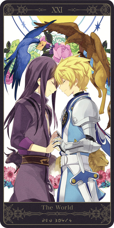 armor belt bird black_hair blonde_hair bull cape closed_eyes coat eyes_closed flower flynn_scifo green_rose griffin hand_holding holding_hands lion long_hair male motoko_(ambiy) multiple_boys pink_rose rose rounded_corners smile sword tales_of_(series) tales_of_vesperia tarot the_world_(tarot_card) weapon white_rose yaoi yuri_lowell