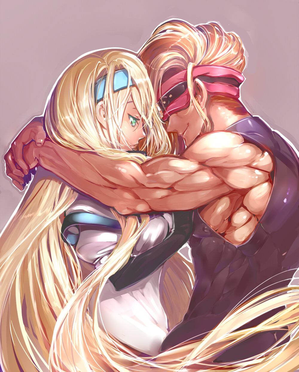 1girl blindfold blonde_hair blue_eyes couple fujishima-01 guilty_gear hairband highres long_hair millia_rage muscle simple_background very_long_hair zato-1