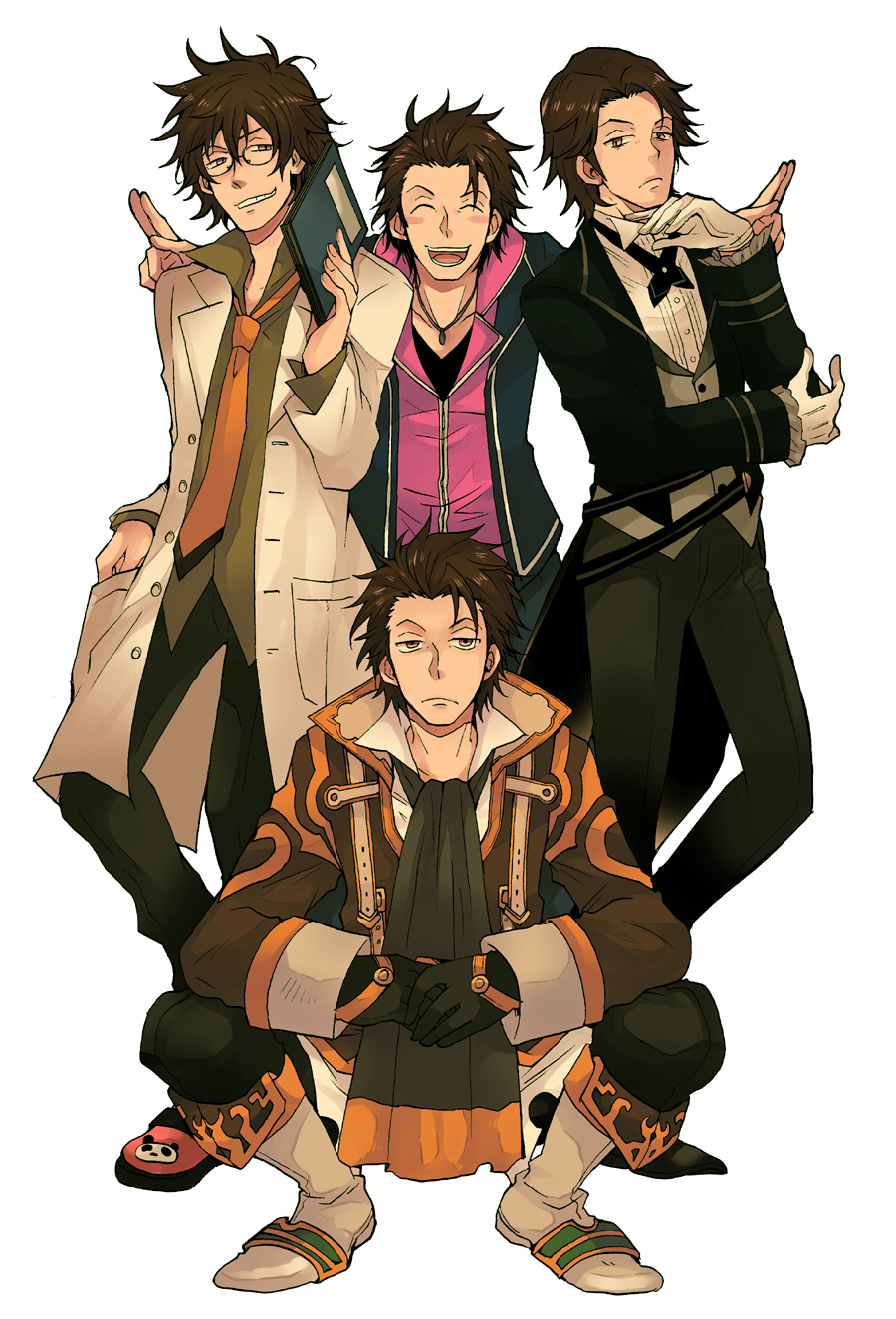 ^_^ alternate_costume alvin_(tales_of_xillia) bespectacled book boots brown_hair closed_eyes coat cravat eyes_closed formal glasses gloves highres jitome labcoat male messy_hair multiple_persona necktie pants squatting sudachips suit tales_of_(series) tales_of_xillia white_background