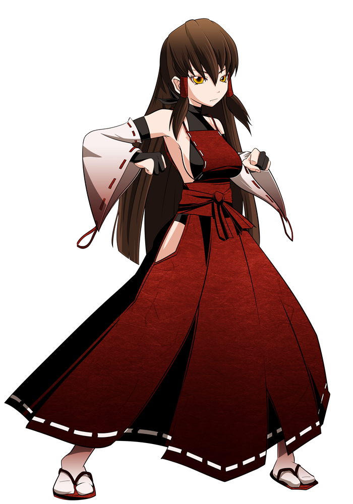 bare_hips bare_shoulders black_hair breasts clenched_fist clenched_hands detached_sleeves fighting_stance hair_tubes hakama japanese_clothes large_breasts long_hair m.u.g.e.n miko no_bra nontraditional_miko one-piece_thong original payot sandals sendai_hakurei_no_miko sideboob solo tabi tm3452 touhou wide_sleeves yellow_eyes