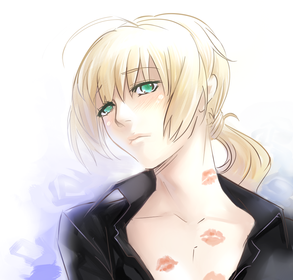 ahoge androgynous blonde_hair blush embarrassed fate/zero fate_(series) formal green_eyes lipstick_mark ponytail reverse_trap saber shirt source_request tomboy unbuttoned