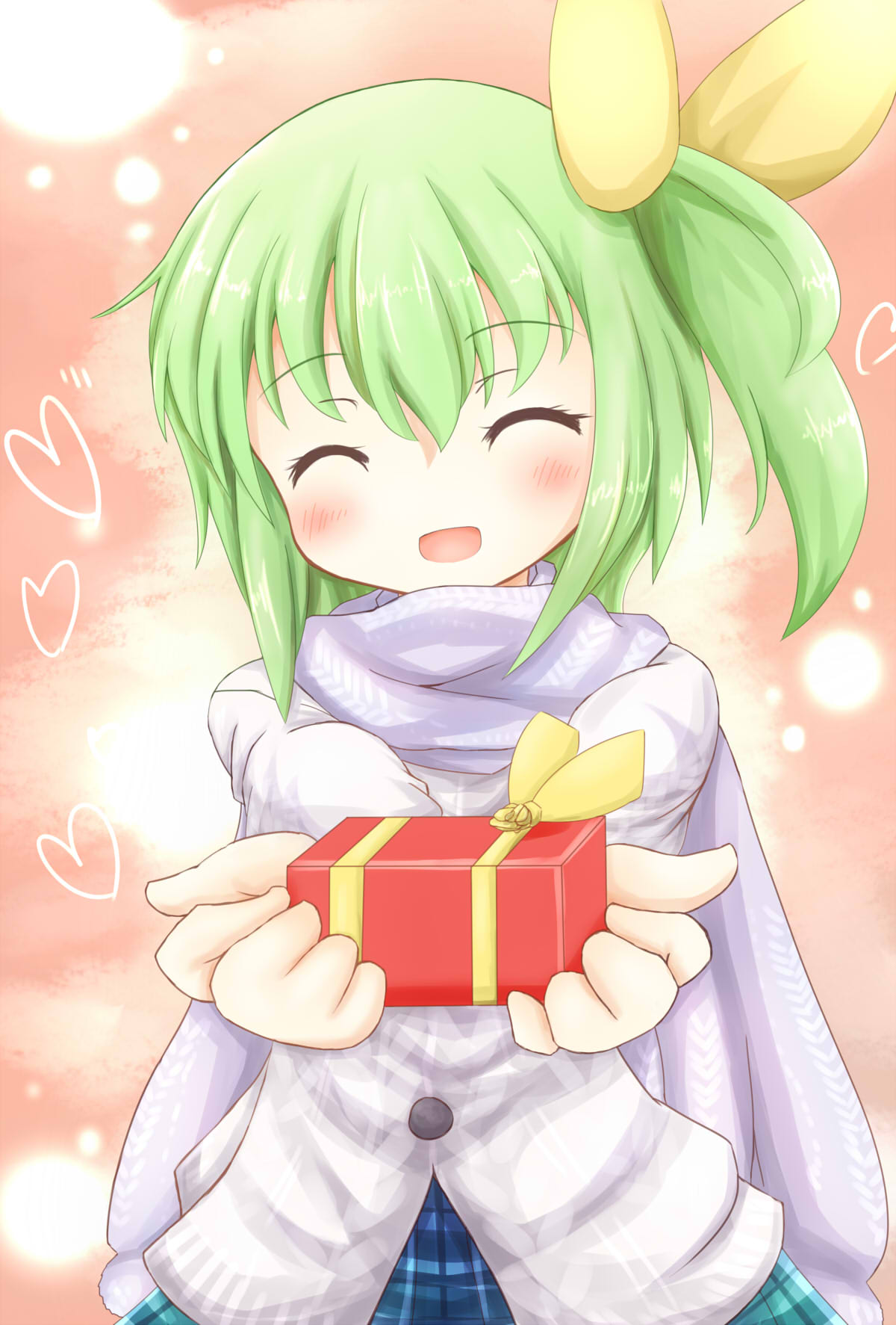 alternate_costume blush box daiyousei gift gift_box green_hair hair_ribbon heart highres no_wings open_mouth outstretched_hand ribbon runathito scarf side_ponytail skirt smile solo sweater touhou valentine