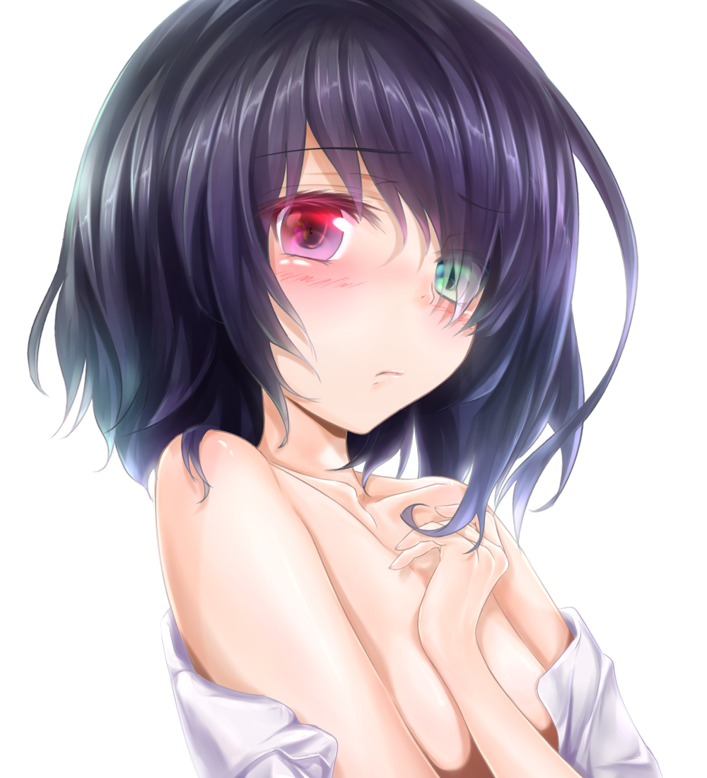 another bare_shoulders black_hair blush breasts bust collarbone covering covering_breasts face green_eyes heterochromia looking_at_viewer misaki_mei no_bra no_eyepatch off_shoulder red_eyes short_hair simple_background solo white_background wingheart