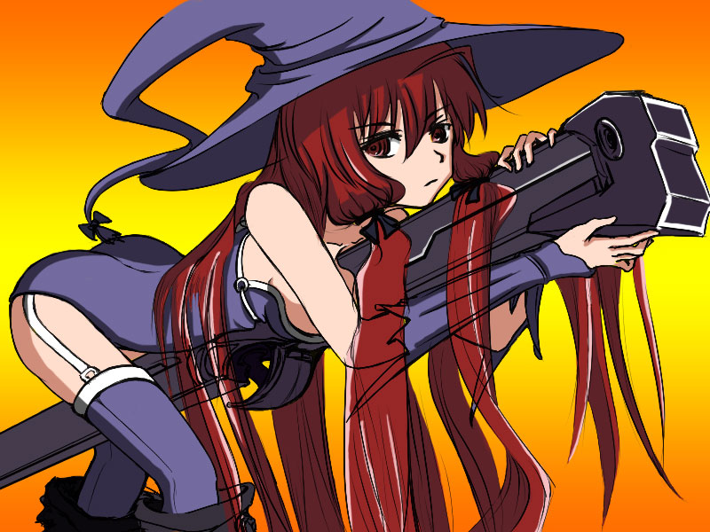 ass boots breasts cannon colored colorfag drawfag garter_straps gunner's_broom gunner's_broom hair_ribbon hat himuro_akari long_hair night_wizard on_stomach red_eyes red_hair redhead ribbon sideboob solo straddle strapless thigh-highs thighhighs very_long_hair weapon witch_hat