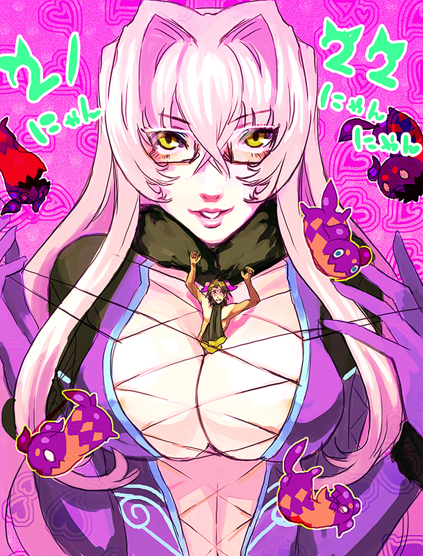 1girl alvin_(tales_of_xillia) arms_up bad_id breasts brown_hair catherine_(game) catherine_cover_parody cleavage cravat glasses gloves long_hair naked_necktie pink_background pink_hair preza shirtless skindentation smile tales_of_(series) tales_of_xillia tipo_(xillia) usagineko yellow_eyes