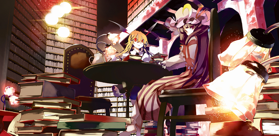 bad_id book crescent_moon hat head_wings koakuma library moon multiple_girls necktie patchouli_knowledge purple_hair red_eyes shunsei_(muratou) socks table the_embodiment_of_scarlet_devil touhou voile