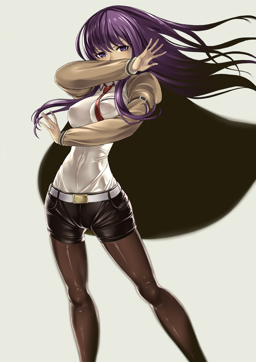 black_legwear cosplay dairiseki highres legwear_under_shorts long_hair makise_kurisu makise_kurisu_(cosplay) malariya necktie pantyhose parody puffy_sleeves purple_eyes purple_hair quiz_magic_academy shiny shiny_clothes shorts simple_background skin_tight slender_waist solo steins;gate violet_eyes