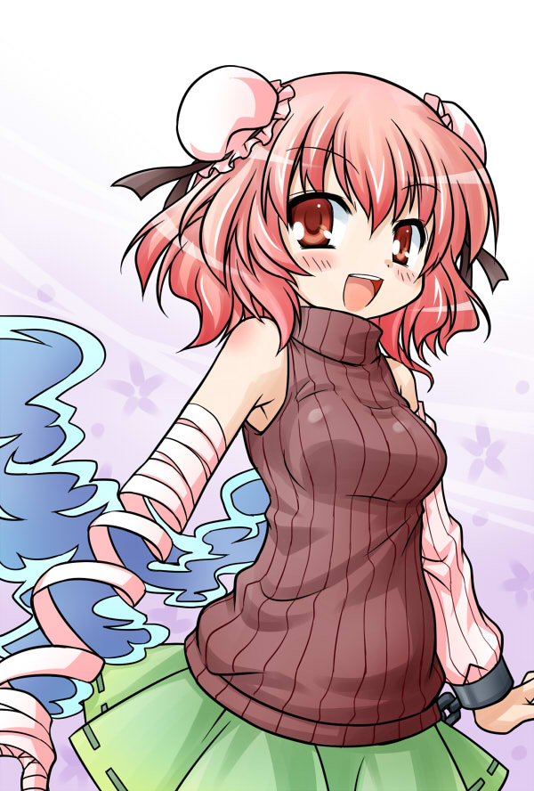 akou_roushi bandage bandages blush bun_cover chain chains cuffs detached_sleeves double_bun ibara_kasen ibaraki_kasen open_mouth pink_eyes pink_hair ribbed_sweater short_hair skirt sleeveless sleeveless_turtleneck smile smoke solo sweater touhou turtleneck