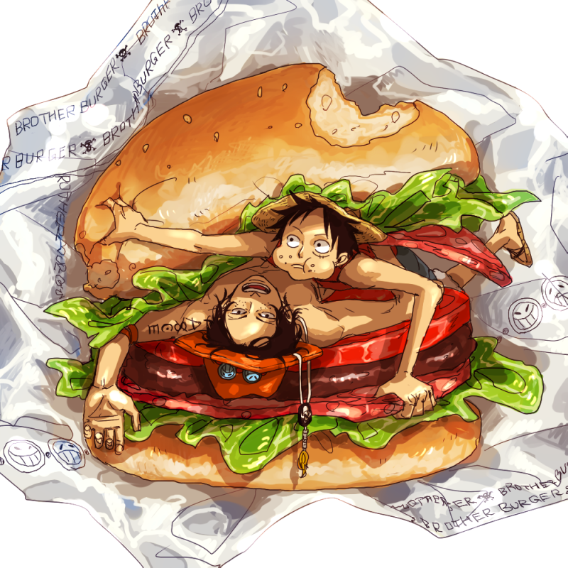 2boys brothers brown_hair eating food food_on_face freckles hamburger hat jewelry jolly_roger lettuce male miniboy monkey_d_luffy multiple_boys napkin necklace one_piece pirate portgas_d_ace sad_face sandals scar shaku_(gekirin) short_hair shorts siblings smile smiley_face straw_hat tattoo tomato topless