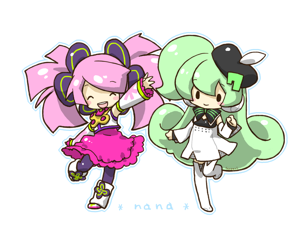 :d arm_up bangs bare_shoulders beret blush blush_stickers boots bow character_name chibi closed_eyes detached_sleeves dress eyes_closed frilled_skirt frills green_hair haruka_nana hat headphones macintosh macloid macne_nana multiple_girls namesake open_mouth outline pink_hair sangatsu_youka side_ponytail signature simple_background skirt sleeveless sleeveless_shirt smile solid_circle_eyes swept_bangs thigh-highs thigh_boots thighhighs twintails utau zipper