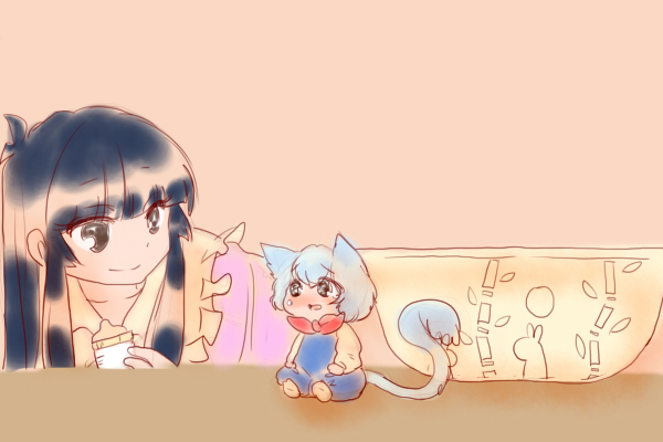 animal_ears black_eyes black_hair blue_hair bowl cat_ears cat_tail houraisan_kaguya kamishirasawa_keine komaku_juushoku long_hair minigirl multiple_girls short_hair tail touhou