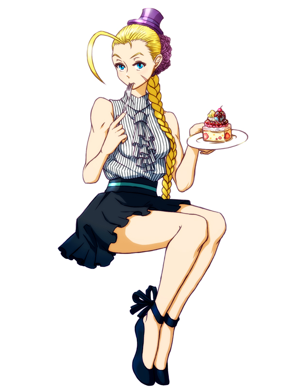 ahoge alternate_costume alternate_hairstyle bare_arms bare_legs bare_shoulders blonde_hair blue_eyes braid braids cake cammy_white casual eating food fork gothic_lolita hat huge_ahoge invisible_chair johnny_olm kakoujun knees_together_feet_together lolita_fashion long_hair mini_top_hat miniskirt plate scar simple_background single_braid sitting skirt sleeveless sleeveless_shirt slippers solo street_fighter toned top_hat vertical_stripes very_long_hair