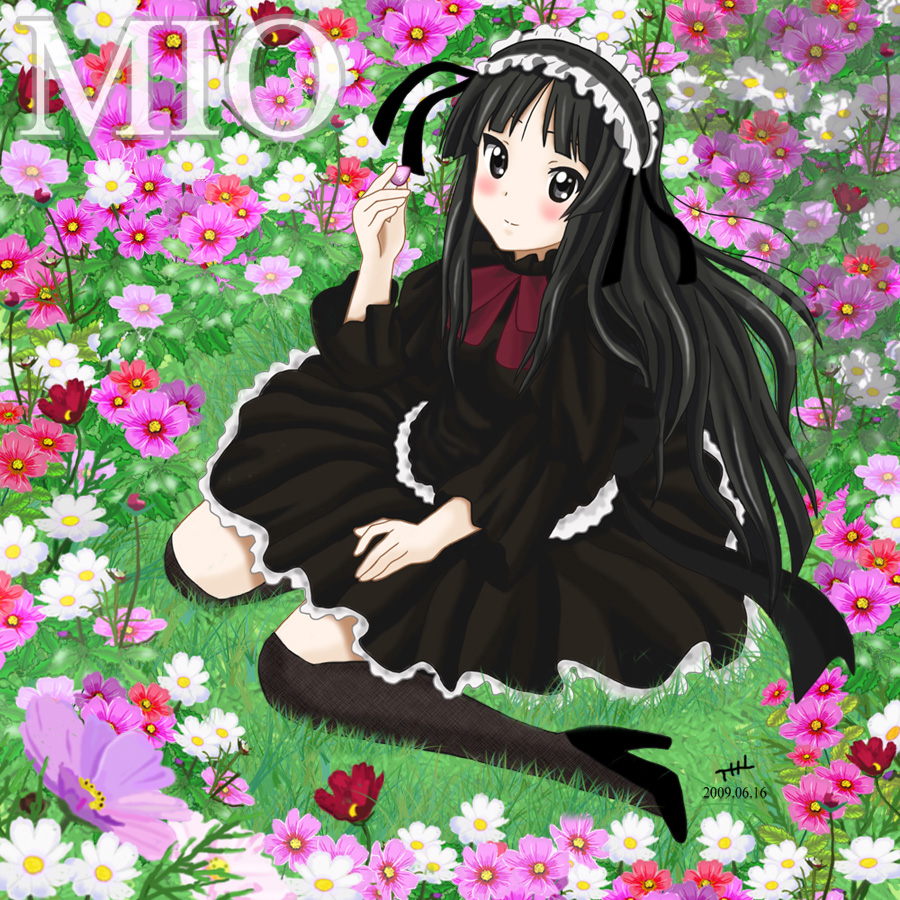 akiyama_mio alternate_hairstyle black_eyes black_hair blush dress flower fuwafuwa_time hime_cut k-on! lolita_hairband lolita_headband long_hair maid_headdress nihility solo