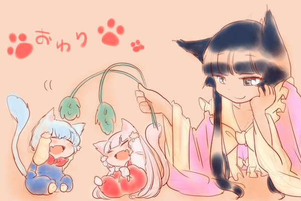 animal_ears black_eyes black_hair blue_hair cat_ears cat_tail cat_teaser cattail closed_eyes eyes_closed fujiwara_no_mokou grey_hair houraisan_kaguya kamishirasawa_keine komaku_juushoku long_hair minigirl multiple_girls open_mouth plant ribbon short_hair smile tail touhou