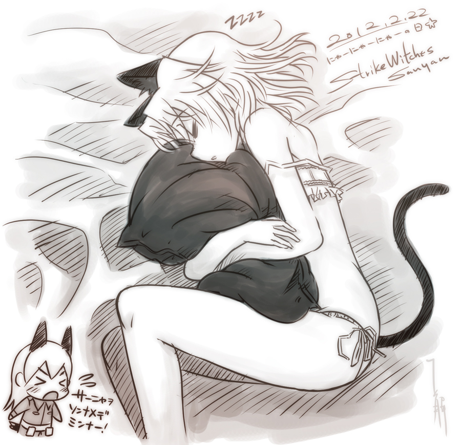&gt;_&lt; animal_ears bare_shoulders bed bed_sheet cat_ears cat_tail character_name chibi closed_eyes dated eila_ilmatar_juutilainen eyes_closed long_hair lying monochrome multiple_girls on_side panties pillow pillow_hug ryou_(shirotsumesou) sanya_v_litvyak short_hair side-tie_panties sleeping strap_slip strike_witches tail title_drop underwear z