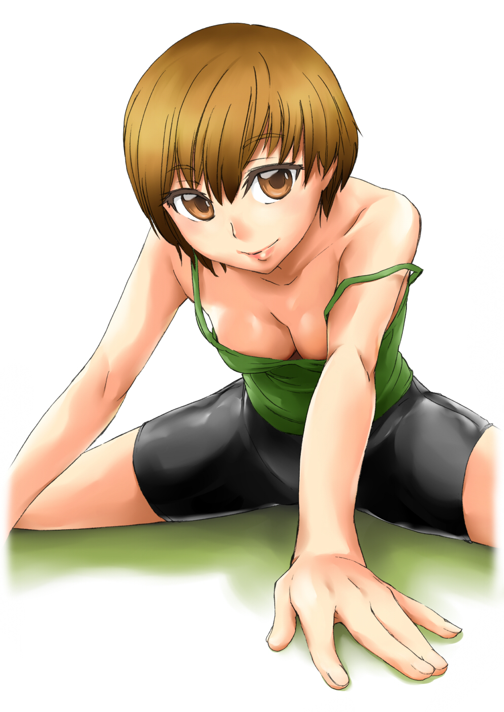 breasts brown_eyes brown_hair cleavage down_blouse exercise face foreshortening hands highres ikusa_ryuuji lips looking_at_viewer off_shoulder persona persona_4 satonaka_chie short_hair simple_background spaghetti_strap strap_slip stretch tank_top vest