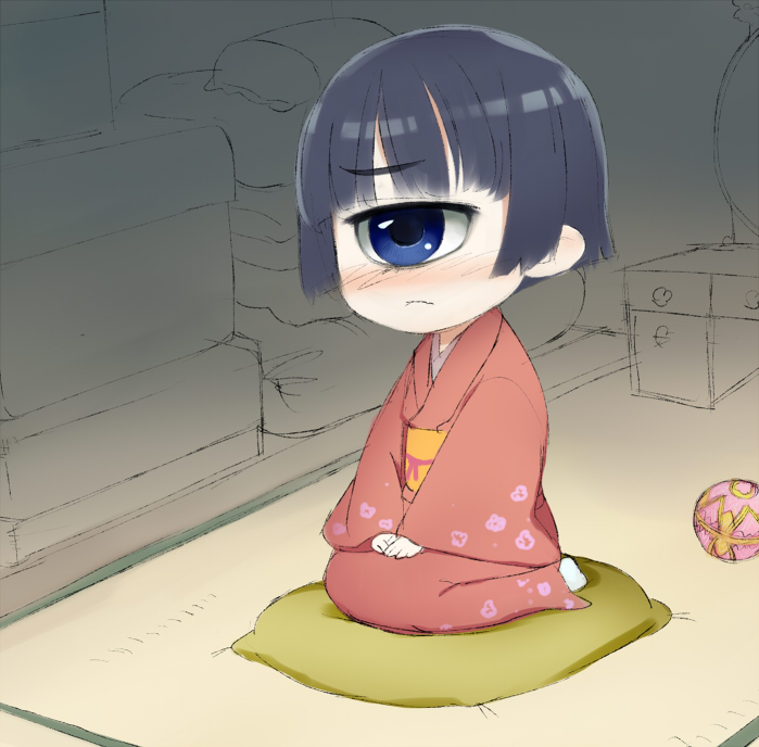 1w2k ball black_hair blue_eyes blush character_request chest_of_drawers copyright_request cyclops frown japanese_clothes kimono kneeling monster_girl one-eyed pillow solo