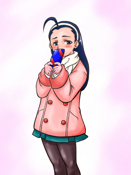 blue_eyes blue_hair blush coat covering covering_face covering_mouth gift hairband iinchou_(justice_gakuen) justice_gakuen momokaba pantyhose rival_schools scarf