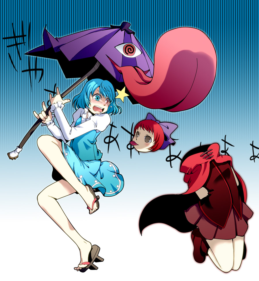 2girls :p blue_eyes blue_hair bow brown_eyes cape hair_bow heterochromia karakasa_obake multiple_girls open_mouth red_eyes redhead scared sekibanki short_hair skirt t0kiwa tatara_kogasa tears tongue tongue_out touhou umbrella