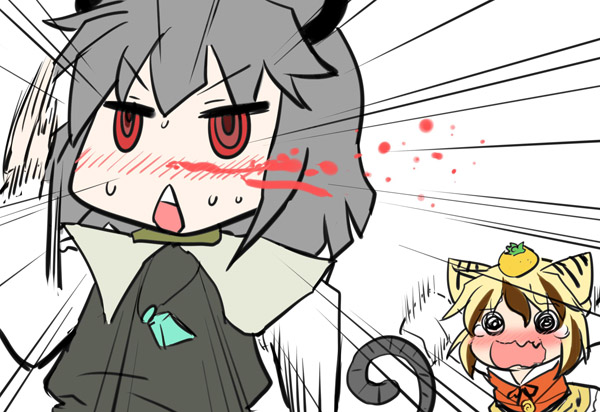 animal_ears blonde_hair blood blush grey_hair haruka_akito harunatsu_akito kemonomimi_mode mouse_ears mouse_tail multiple_girls nazrin nose_blush nosebleed running tail tears tiger_ears tiger_print toramaru_shou touhou