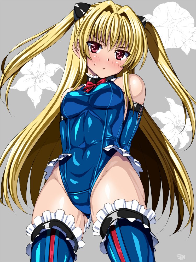 1girl anzu_(onelelee) arms_behind_back bare_shoulders blonde_hair blush covered_navel dead_or_alive detached_sleeves flower frills from_above hair_ornament konjiki_no_yami leotard lily_(flower) long_hair marie_rose marie_rose_(cosplay) red_eyes ribbon solo thigh-highs to_love-ru twintails very_long_hair