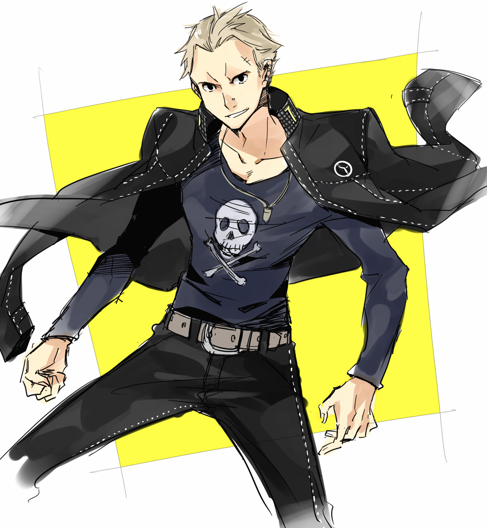 bad_id belt black_eyes blonde_hair bullet clenched_hand fist jacket jacket_on_shoulders jolly_roger long_sleeves looking_at_viewer male moroheso muscle pants persona persona_4 piercing scar short_hair smile solo standing tatsumi_kanji