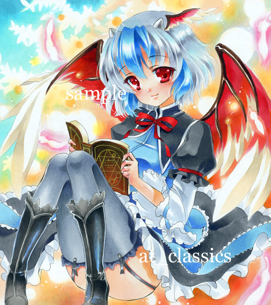 at_classics blue_hair blush book boots bow dress frilled_dress frills garter_straps head_wings horns marker_(medium) multicolored_hair red_eyes sample short_hair smile solo thigh-highs thighhighs tokiko_(touhou) touhou traditional_media two-tone_hair wings