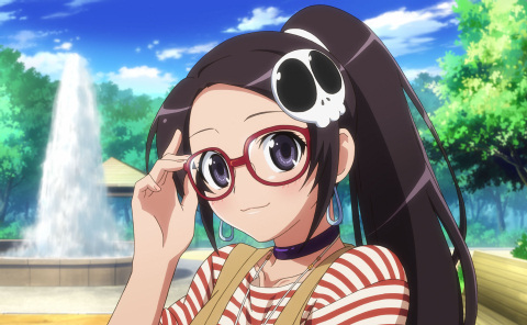 :3 bespectacled black_hair casual choker earrings elsea_de_lute_irma glasses hair_ornament jewelry kami_nomi_zo_shiru_sekai lowres nonstop!!_hunters_pv ponytail purple_eyes red-framed_glasses screencap skull_hair_ornament solo source_request striped violet_eyes wavy_mouth