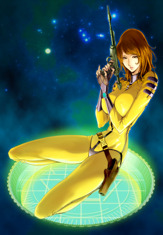 70s bodysuit breasts brown_eyes brown_hair crossdraw_holster fingerless_gloves gloves gun hhyuiio holster large_breasts mori_yuki oldschool ray_gun science_fiction solo star uchuu_senkan_yamato weapon