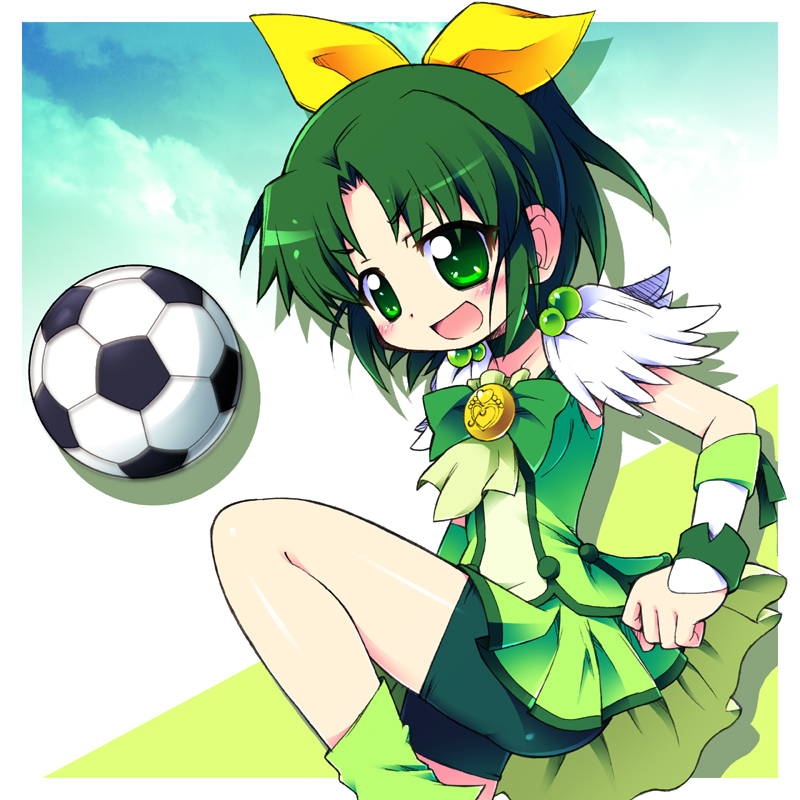 ball bike_shorts choker cure_march dress green green_dress green_eyes green_hair kanibasami midorikawa_nao open_mouth ponytail precure short_hair shorts_under_skirt skirt smile smile_precure! soccer soccer_ball solo