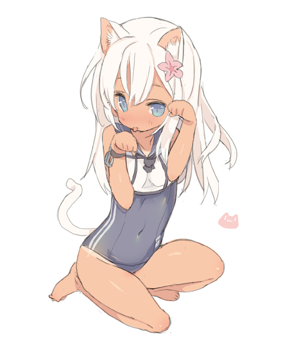 1girl :p animal_ears bangs bare_legs bare_shoulders barefoot blade_(galaxist) blue_eyes blush cat_ears cat_tail covered_navel crop_top flower hair_between_eyes hair_flower hair_ornament kantai_collection kemonomimi_mode long_hair looking_at_viewer paw_pose ro-500_(kantai_collection) sailor_collar school_swimsuit school_uniform serafuku shiny shiny_skin silver_hair simple_background solo squatting swimsuit swimsuit_under_clothes tail tan tanline tareme tongue tongue_out white_background white_hair