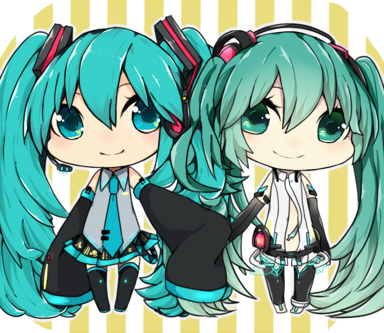 aqua_eyes aqua_hair bad_id chibi detached_sleeves dual_persona elbow_gloves gloves green_eyes green_hair hand_holding hatsune_miku hatsune_miku_(append) headset holding_hands long_hair miku_append mone_(alice-miku) multiple_girls necktie skirt sleeves_past_wrists smile striped striped_background thigh-highs thighhighs twintails very_long_hair vocaloid vocaloid_append