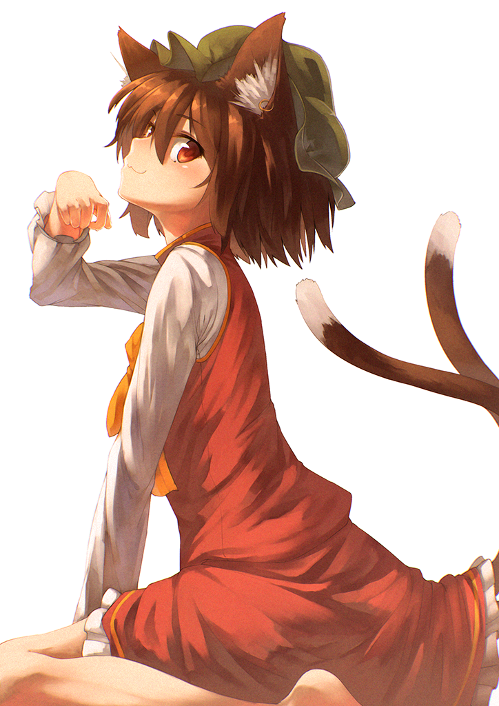 1girl :3 animal_ears brown_eyes brown_hair cat_ears cat_tail chen hat ibuki_notsu looking_at_viewer multiple_tails paw_pose short_hair sitting smile solo tail touhou