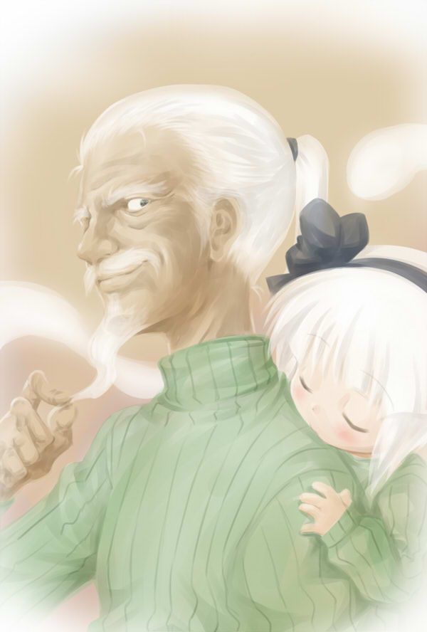 1girl akou_roushi alternate_costume beard blush child closed_eyes eyes_closed facial_hair hairband hitodama konpaku_youki konpaku_youki_(ghost) konpaku_youmu konpaku_youmu_(ghost) piggyback ponytail ribbed_sweater short_hair sleeping sweater touhou white_hair young