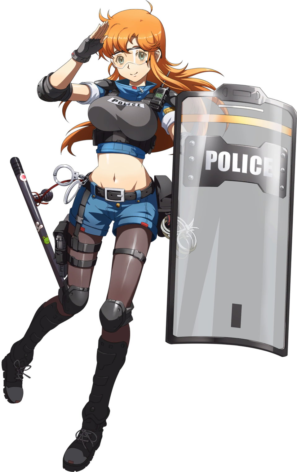 1girl baton_(weapon) belt belt_buckle black_belt black_footwear blue_shorts breasts buckle chris_(langrisser) closed_mouth crop_top elbow_pads fingerless_gloves full_body gloves grey_gloves grey_legwear groin gun handgun highres holster knee_pads langrisser large_breasts legwear_under_shorts long_hair looking_at_viewer midriff navel official_art orange_hair police police_uniform policewoman salute shield shiny shiny_clothes shiny_hair shiny_legwear short_shorts short_sleeves shorts shoulder_pads smile solo stomach straight_hair thigh_holster transparent_background uniform weapon