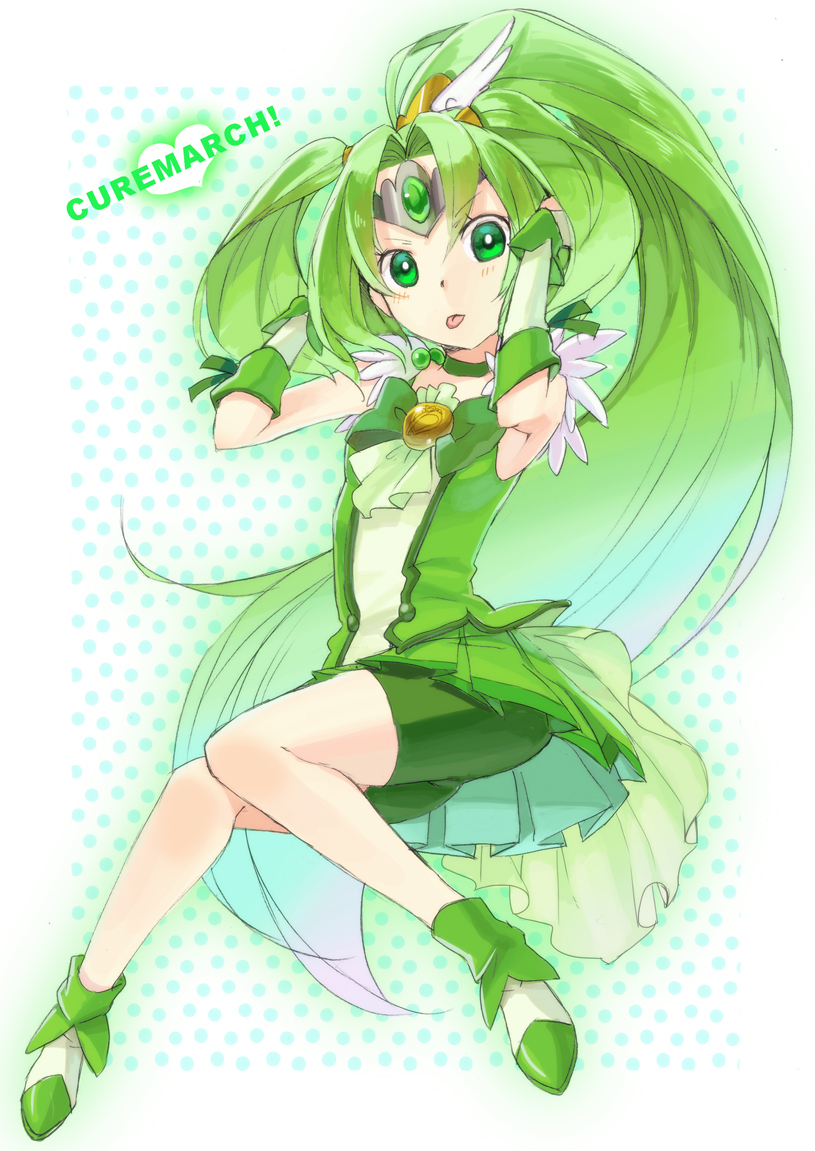 :p bike_shorts bowtie brooch character_name cherico choker cure_march green_eyes green_hair hair_ornament head_wings jewelry legs long_hair looking_at_viewer magical_girl midorikawa_nao pleated_skirt ponytail precure shorts_under_skirt skirt smile_precure! solo text tiara tongue tri_tails