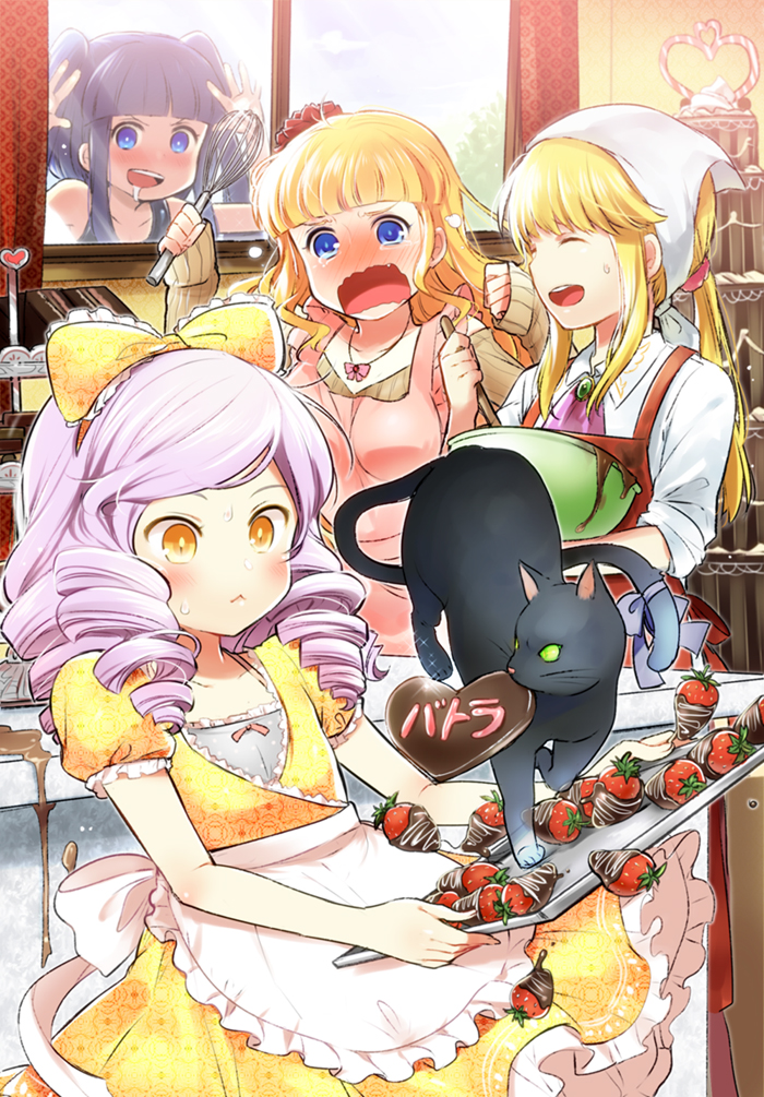 4girls :&lt; alternate_costume androgynous apron beatrice black_hair blonde_hair blue_eyes blush bowl cat chocolate chocolate_heart cooking dlanor_a_knox drill_hair drooling fang food frederica_bernkastel frederica_bernkastel_(cat) fruit furudo_erika hand_on_window head_scarf heart kl long_hair multiple_girls open_mouth pink_hair ponytail ribbed_sweater ribbon saliva strawberry sweater tail tail_ribbon twin_drills twintails umineko_no_naku_koro_ni ushiromiya_lion wavy_mouth whisk yellow_eyes