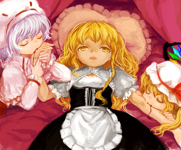 apron bed biting blonde_hair blood blood_sucking bow braid closed_eyes curiosities_of_lotus_asia dress eyes_closed flandre_scarlet hair_bow hat kirisame_marisa kutouten long_hair lying multiple_girls on_back on_bed open_mouth pillow remilia_scarlet short_hair siblings side_ponytail silver_hair sisters touhou vampire waist_apron wings witch_hat yellow_eyes