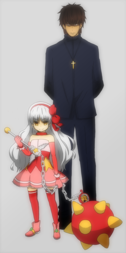 1girl age_difference bloom brown_eyes brown_hair caren_hortensia caren_ortensia carnival_phantasm child cross cross_necklace elbow_gloves fate/hollow_ataraxia fate/zero fate_(series) father_and_daughter gloves hairband jewelry kotomine_kirei long_hair magical_caren magical_girl maroyakamaromaro morning_star necklace simple_background thigh-highs thighhighs time_paradox wand weapon white_hair yellow_eyes young