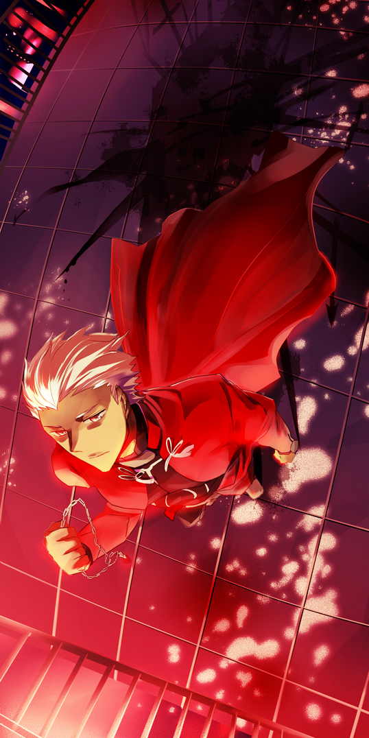 aonome archer dark_skin fate/stay_night fate_(series) from_above jewelry male necklace perspective short_hair solo white_hair